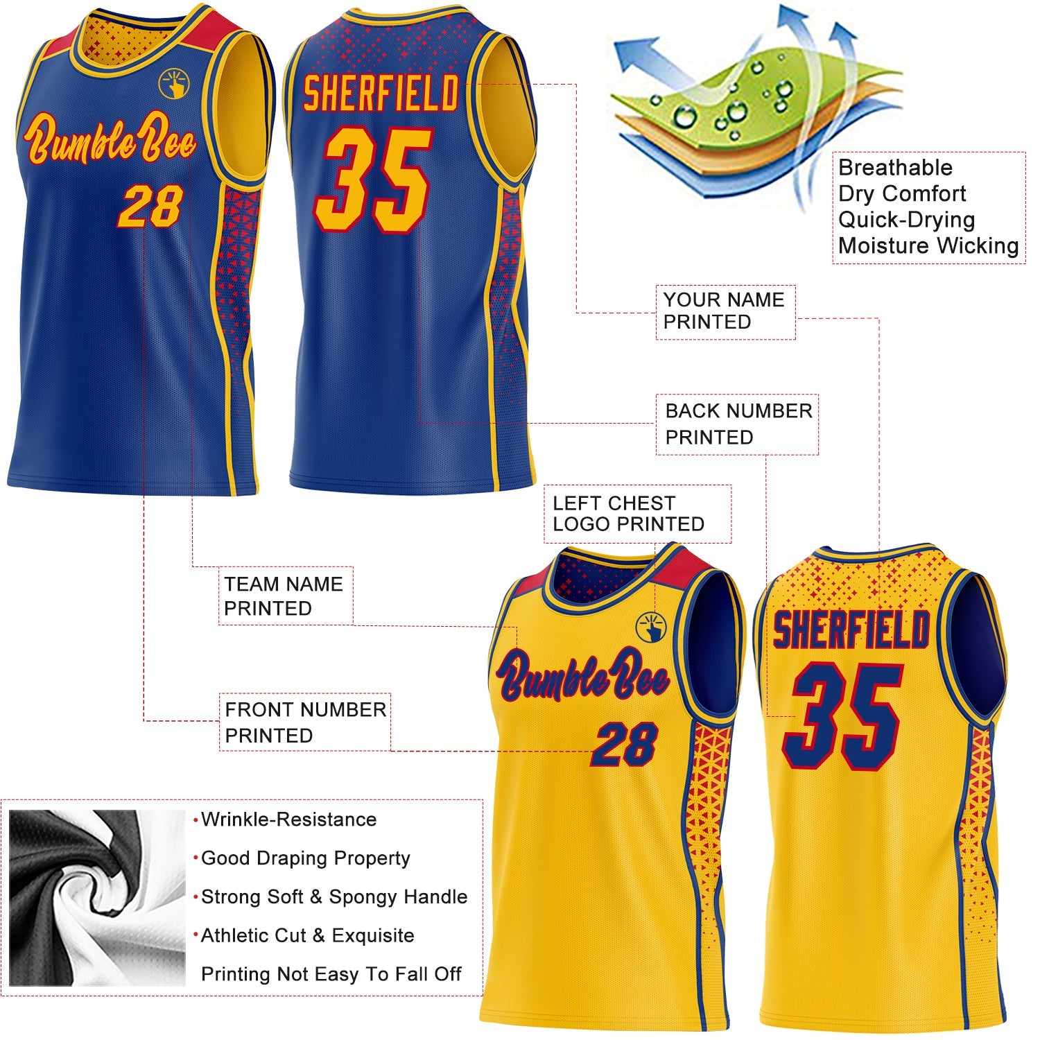Custom Royal Gold-Red Side Panel Stripe Geometric Triangle Gradient Dot Reversible Double Side Sublimation Basketball Set Jersey