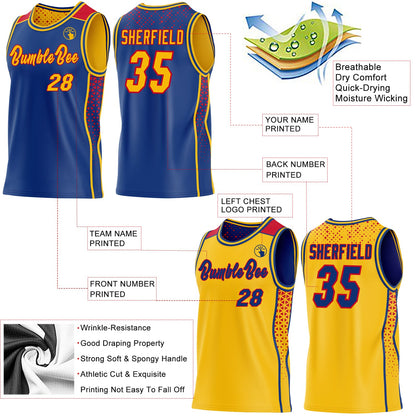 Custom Royal Gold-Red Side Panel Stripe Geometric Triangle Gradient Dot Reversible Double Side Sublimation Basketball Set Jersey