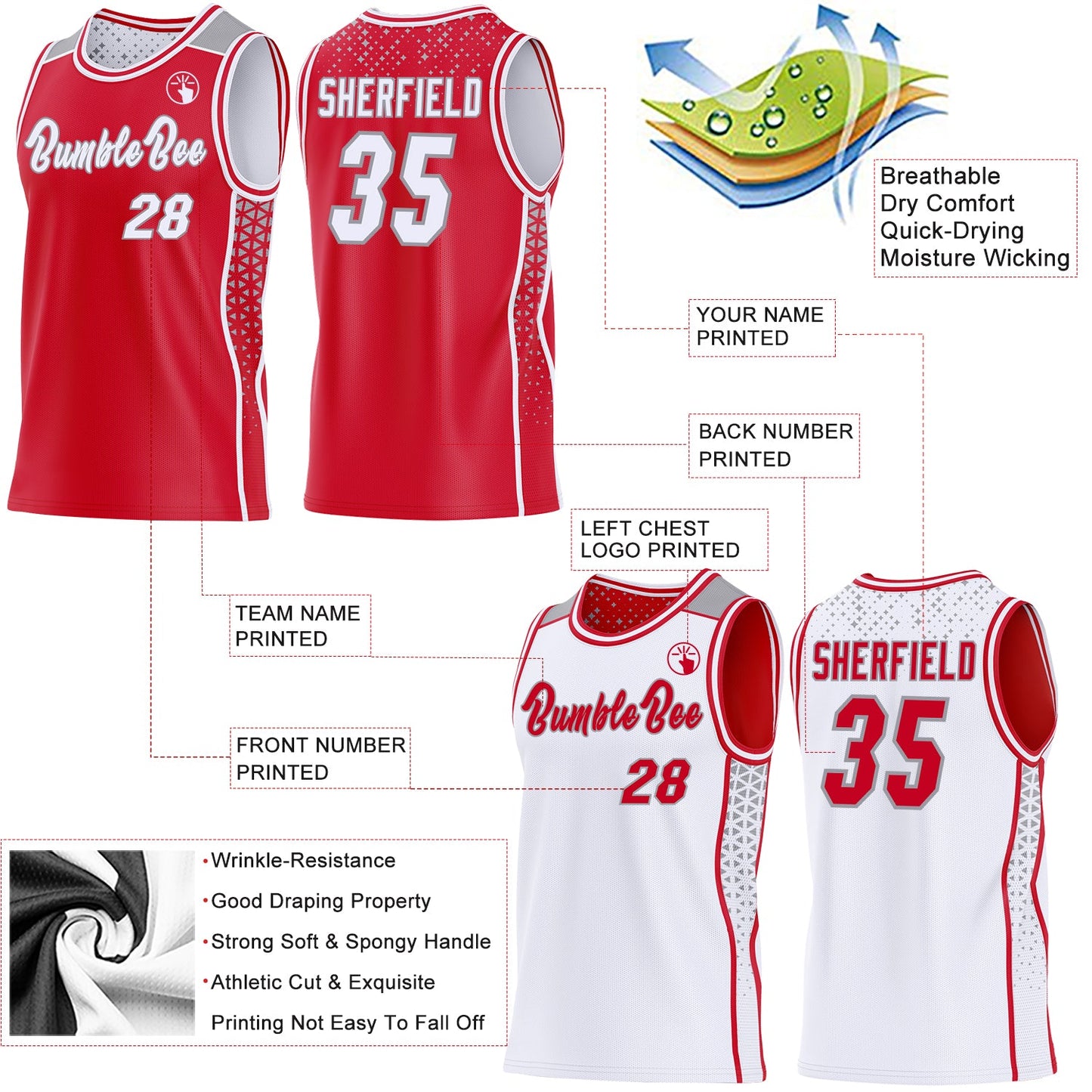 Custom Red White-Gray Side Panel Stripe Geometric Triangle Gradient Dot Reversible Double Side Sublimation Basketball Set Jersey