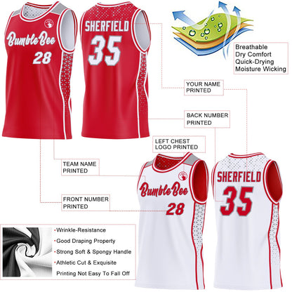 Custom Red White-Gray Side Panel Stripe Geometric Triangle Gradient Dot Reversible Double Side Sublimation Basketball Set Jersey