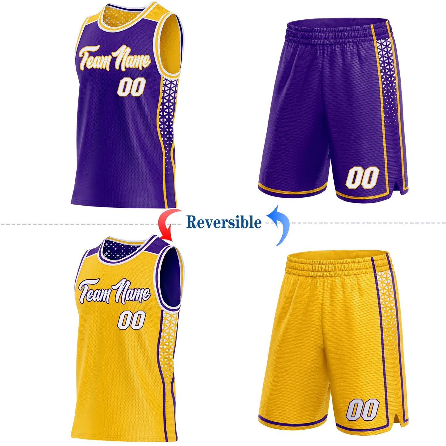Custom Purple White-Gold Side Panel Stripe Geometric Triangle Gradient Dot Reversible Double Side Sublimation Basketball Set Jersey