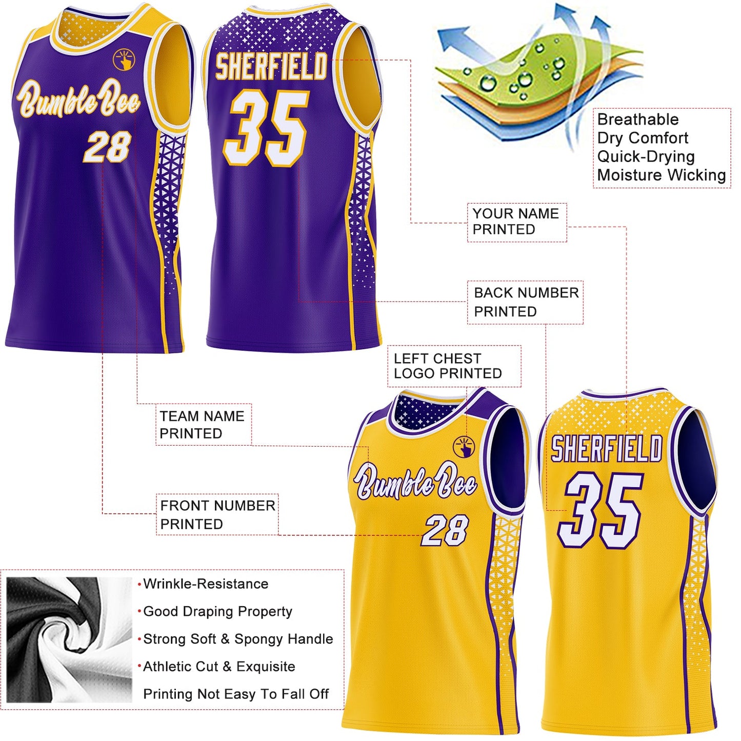Custom Purple White-Gold Side Panel Stripe Geometric Triangle Gradient Dot Reversible Double Side Sublimation Basketball Set Jersey