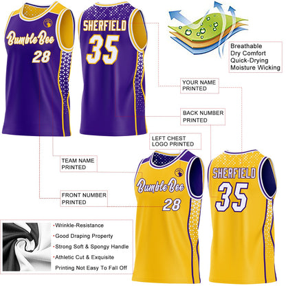 Custom Purple White-Gold Side Panel Stripe Geometric Triangle Gradient Dot Reversible Double Side Sublimation Basketball Set Jersey