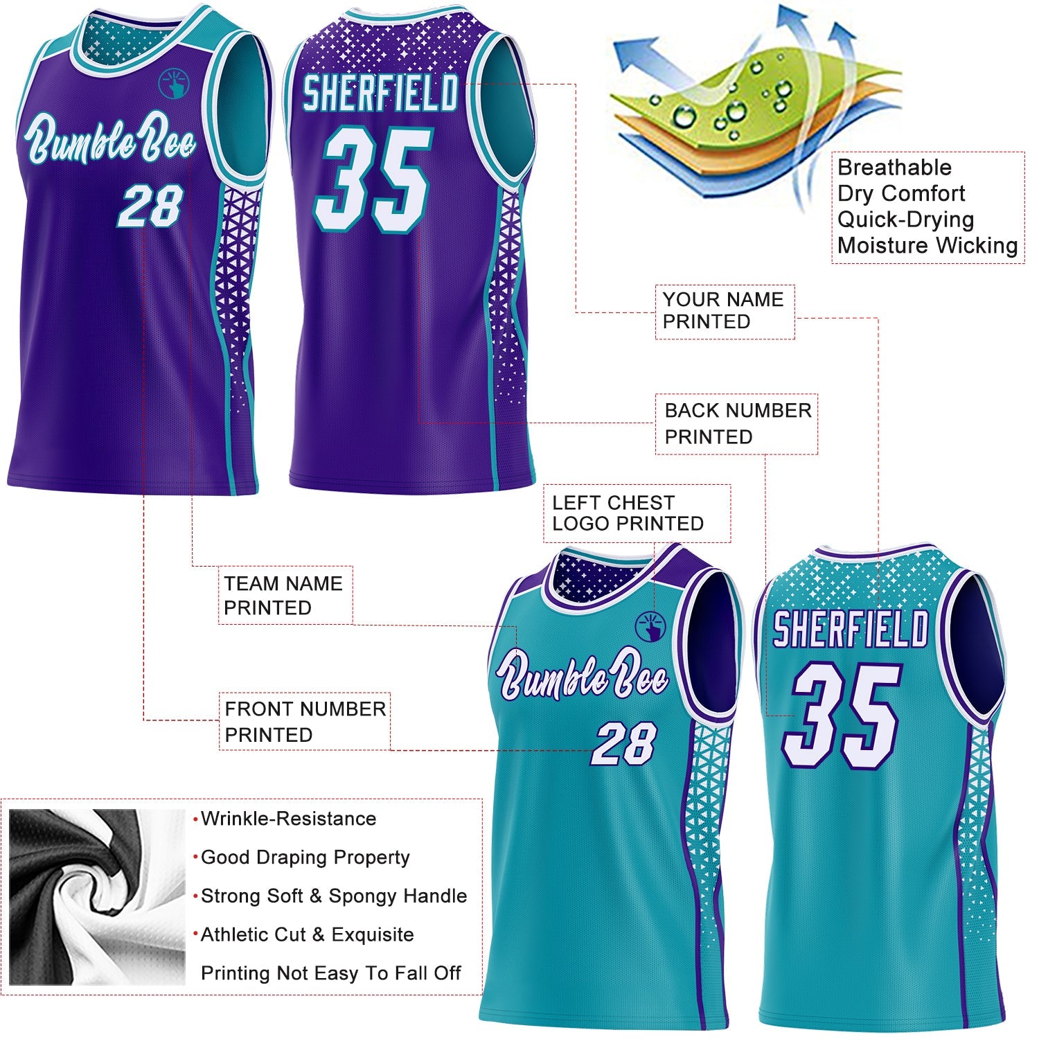 Custom Purple White-Teal Side Panel Stripe Geometric Triangle Gradient Dot Reversible Double Side Sublimation Basketball Set Jersey