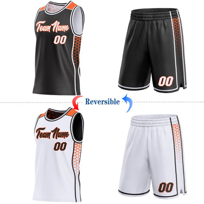 Custom Black White-Orange Side Panel Stripe Geometric Triangle Gradient Dot Reversible Double Side Sublimation Basketball Set Jersey