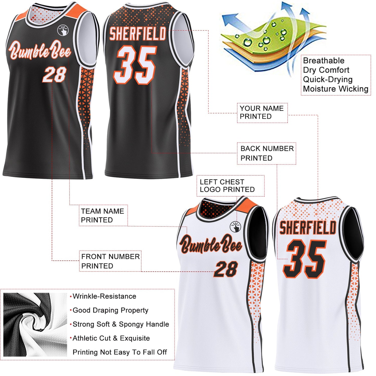 Custom Black White-Orange Side Panel Stripe Geometric Triangle Gradient Dot Reversible Double Side Sublimation Basketball Set Jersey