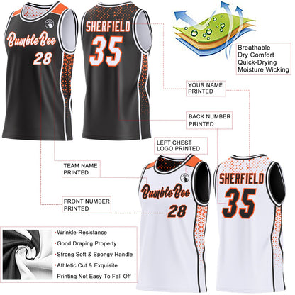 Custom Black White-Orange Side Panel Stripe Geometric Triangle Gradient Dot Reversible Double Side Sublimation Basketball Set Jersey