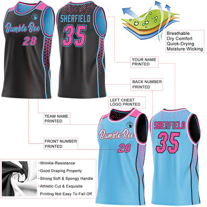Custom Black Pink-Sky Blue Side Panel Stripe Geometric Triangle Gradient Dot Reversible Double Side Sublimation Basketball Set Jersey