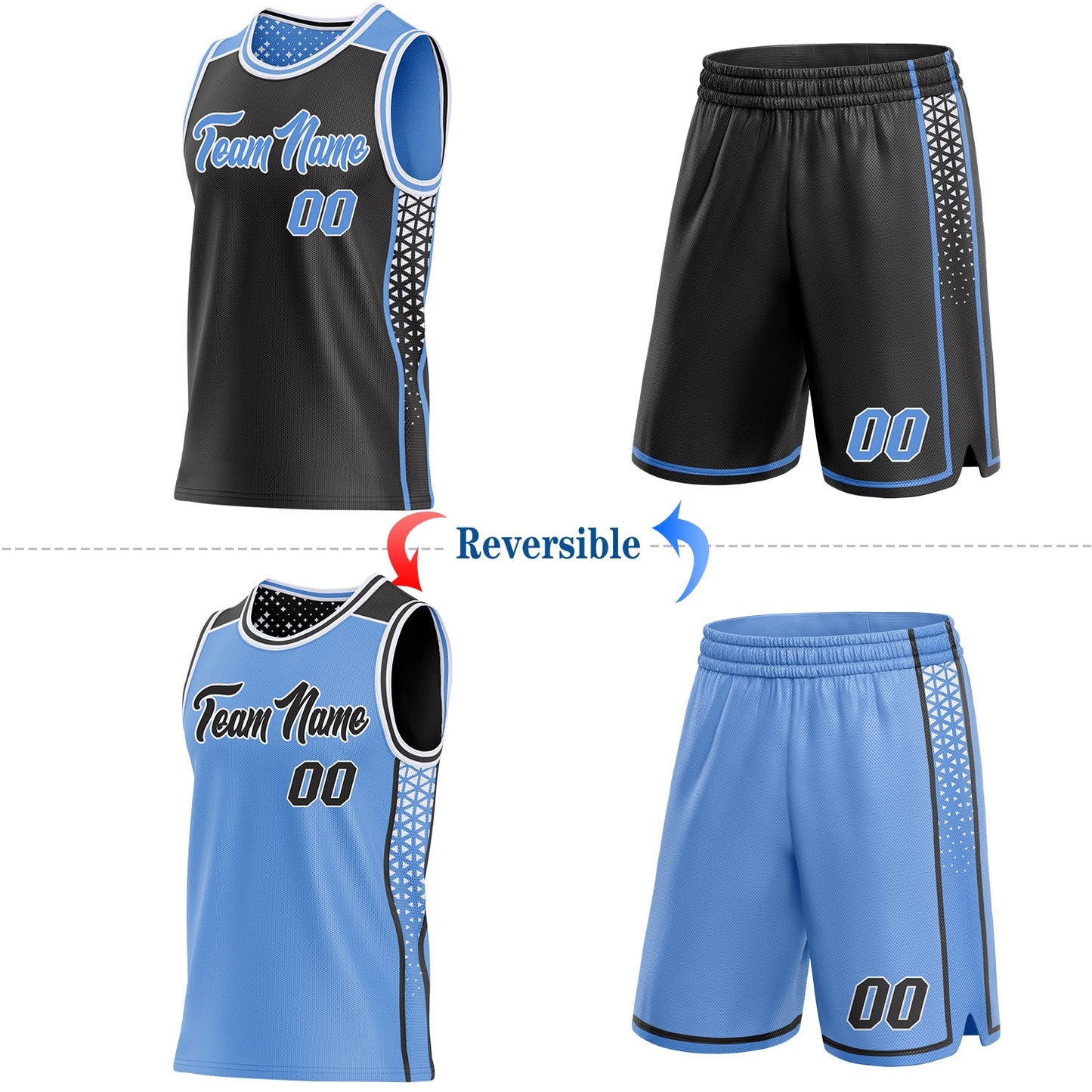 Custom Black Light Blue-White Side Panel Stripe Geometric Triangle Gradient Dot Reversible Double Side Sublimation Basketball Set Jersey