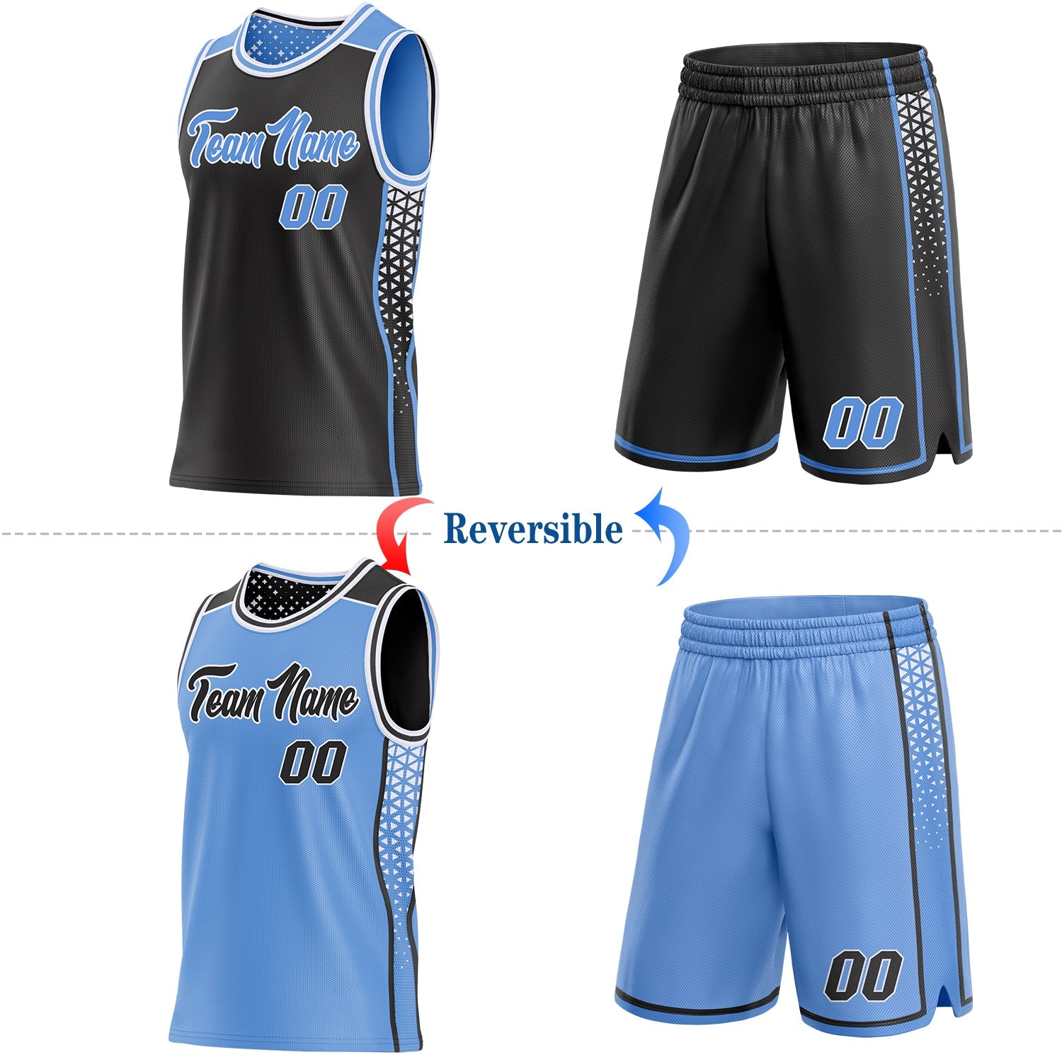 Custom Black Light Blue-White Side Panel Stripe Geometric Triangle Gradient Dot Reversible Double Side Sublimation Basketball Set Jersey