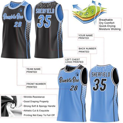 Custom Black Light Blue-White Side Panel Stripe Geometric Triangle Gradient Dot Reversible Double Side Sublimation Basketball Set Jersey