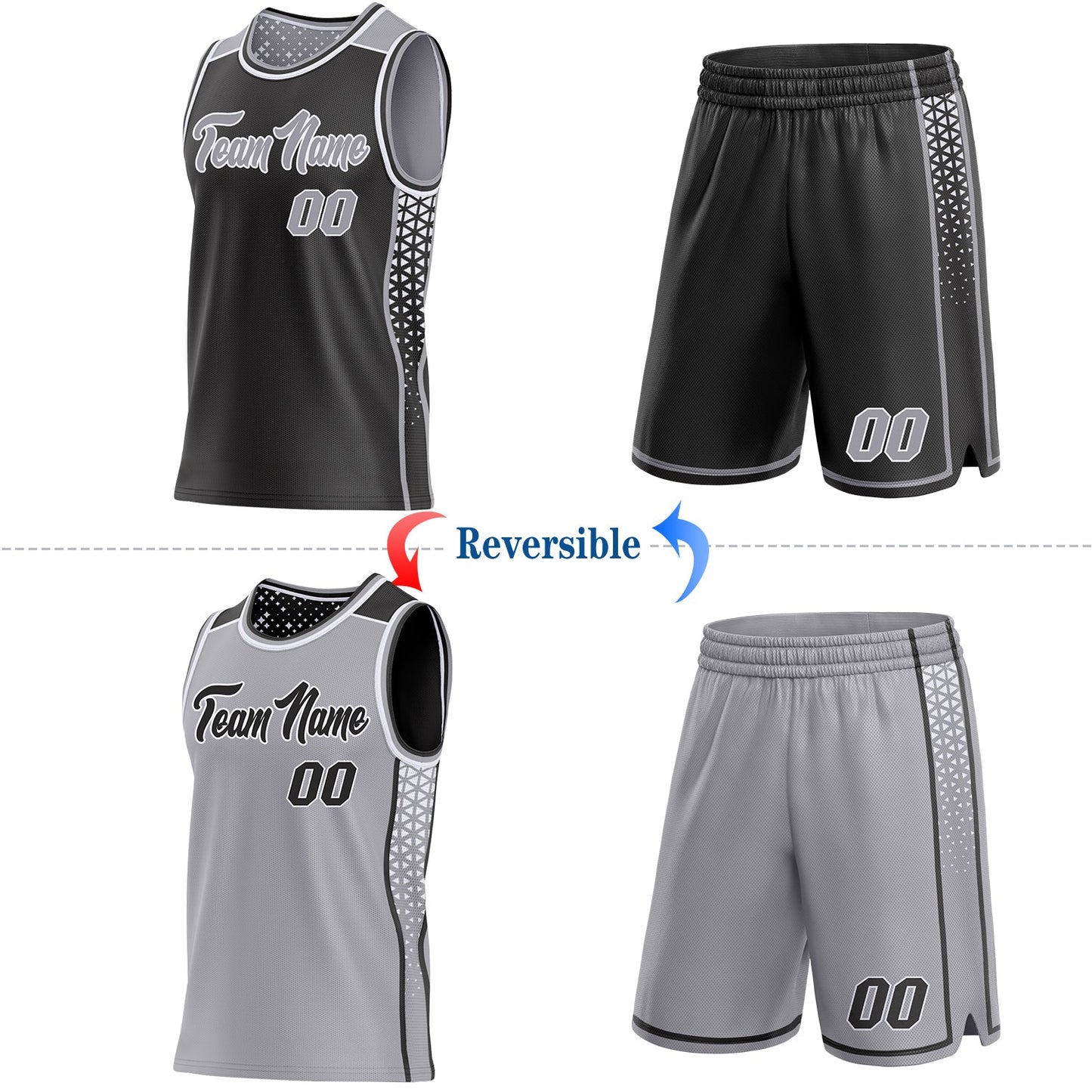 Custom Black Gray-White Side Panel Stripe Geometric Triangle Gradient Dot Reversible Double Side Sublimation Basketball Set Jersey