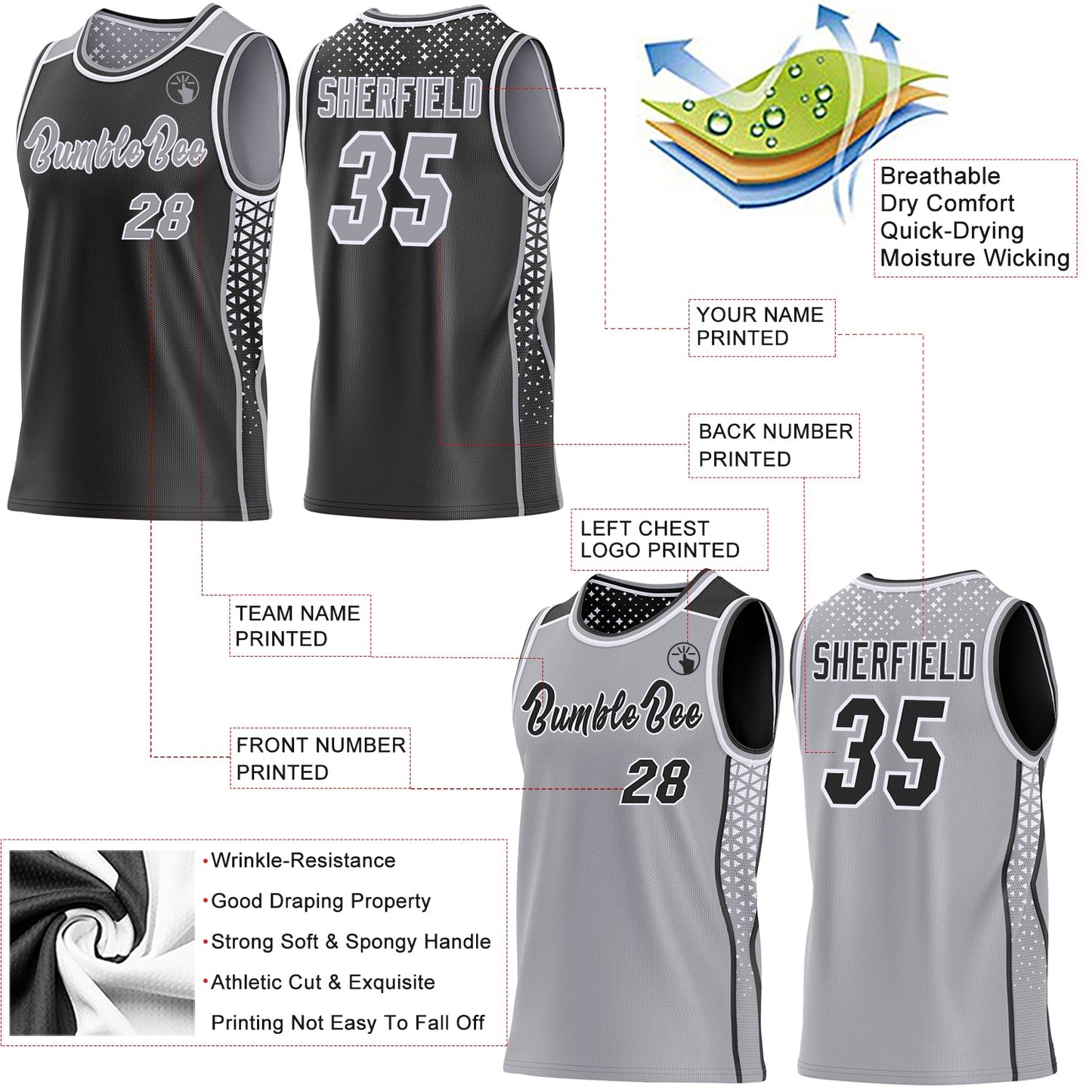 Custom Black Gray-White Side Panel Stripe Geometric Triangle Gradient Dot Reversible Double Side Sublimation Basketball Set Jersey