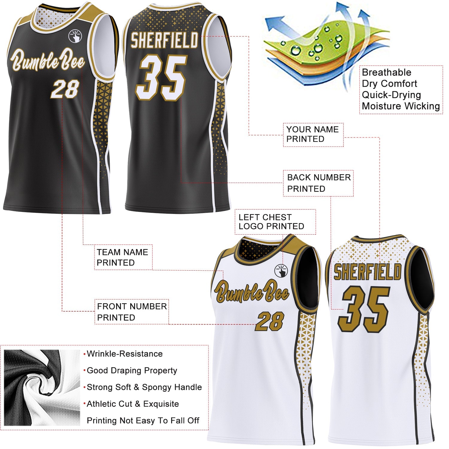 Custom Black White-Old Gold Side Panel Stripe Geometric Triangle Gradient Dot Reversible Double Side Sublimation Basketball Set Jersey