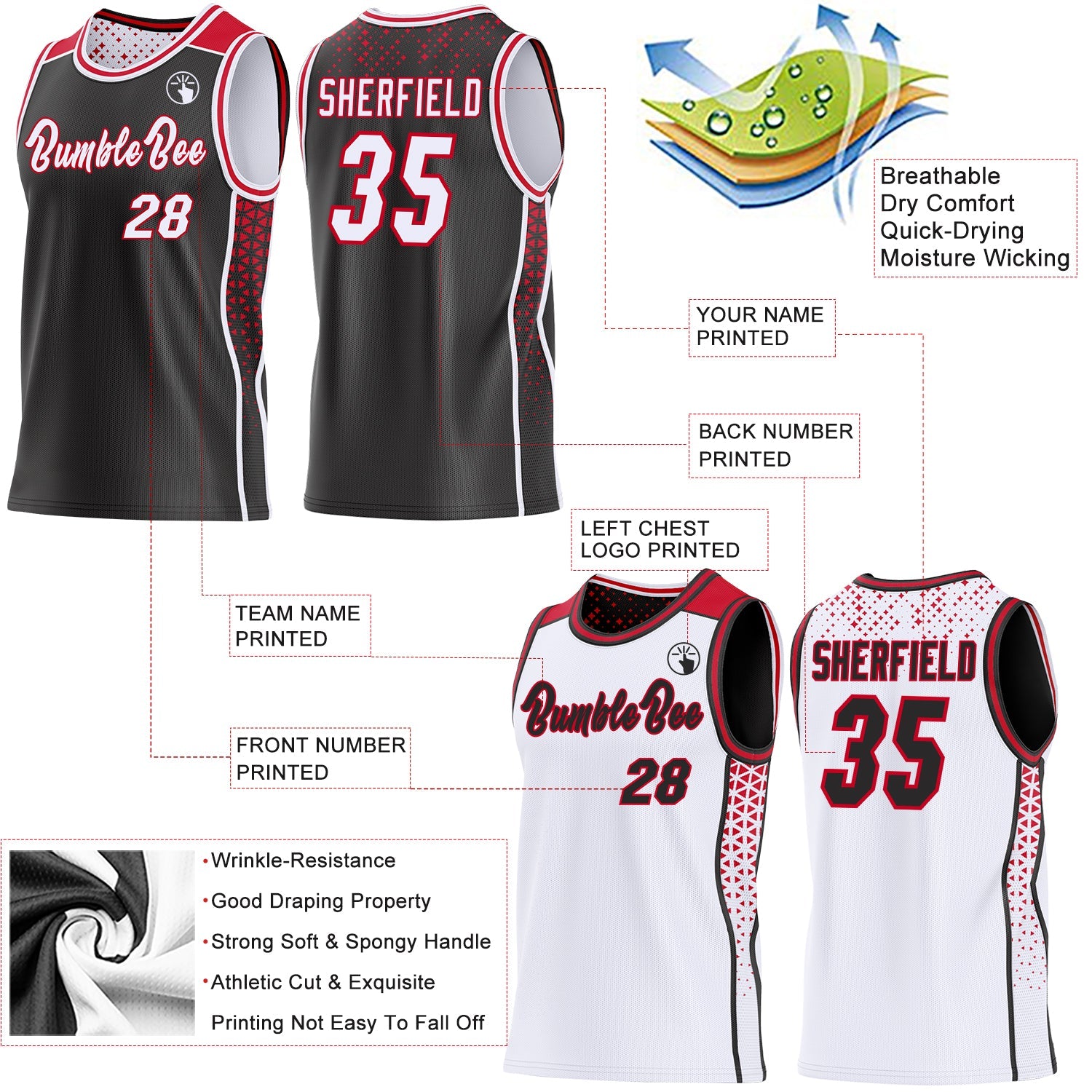 Custom Black White-Red Side Panel Stripe Geometric Triangle Gradient Dot Reversible Double Side Sublimation Basketball Set Jersey