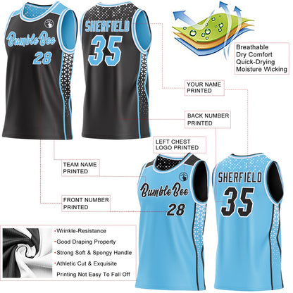 Custom Black Sky Blue-White Side Panel Stripe Geometric Triangle Gradient Dot Reversible Double Side Sublimation Basketball Set Jersey