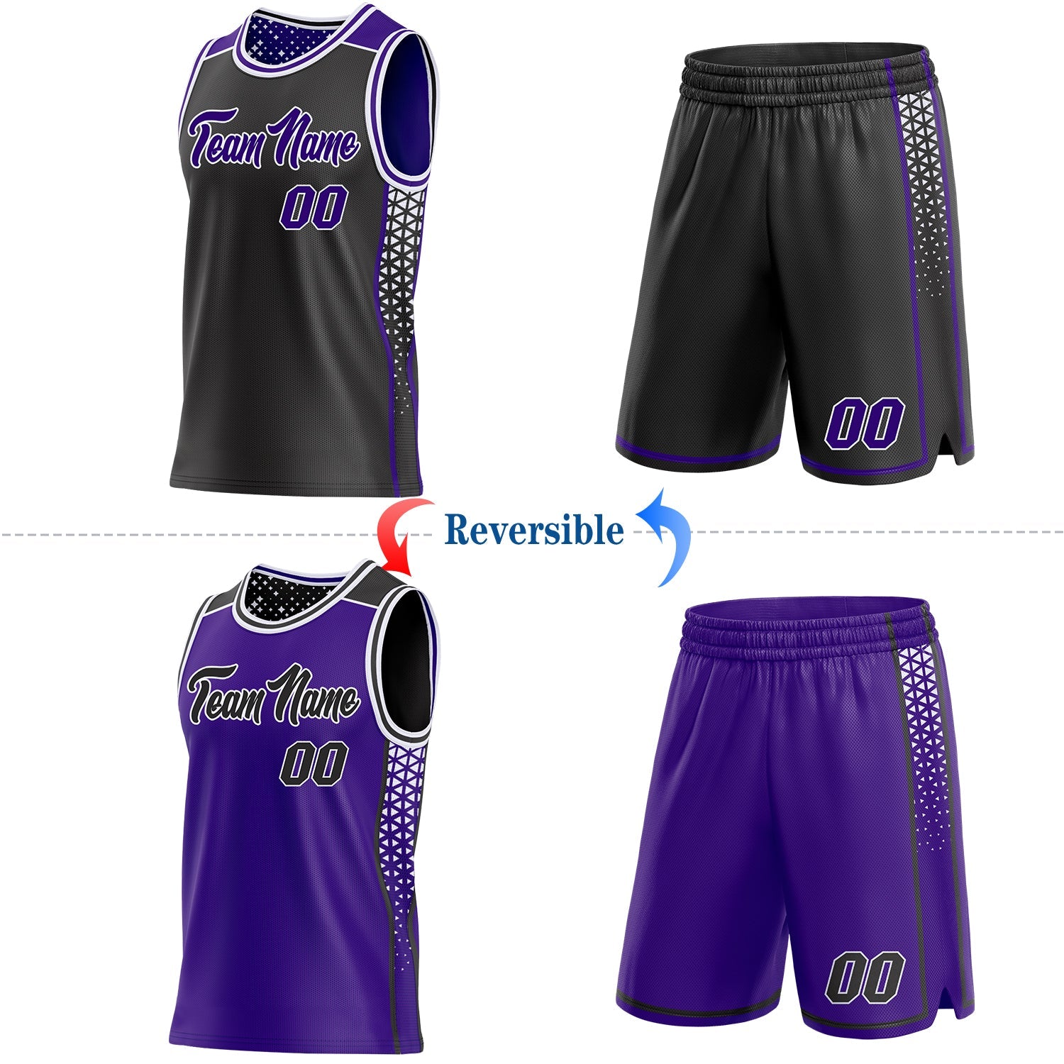 Custom Black Purple-White Side Panel Stripe Geometric Triangle Gradient Dot Reversible Double Side Sublimation Basketball Set Jersey