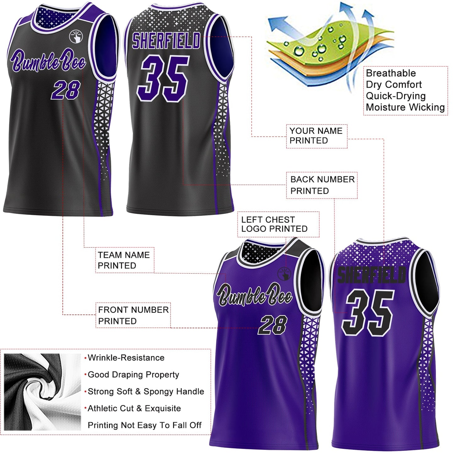 Custom Black Purple-White Side Panel Stripe Geometric Triangle Gradient Dot Reversible Double Side Sublimation Basketball Set Jersey