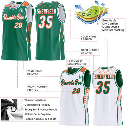 Custom Kelly Green White-Orange Side Panel Stripe Geometric Triangle Gradient Dot Reversible Double Side Sublimation Basketball Set Jersey