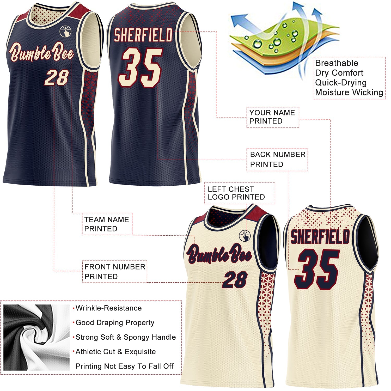 Custom Navy Cream-Maroon Side Panel Stripe Geometric Triangle Gradient Dot Reversible Double Side Sublimation Basketball Set Jersey