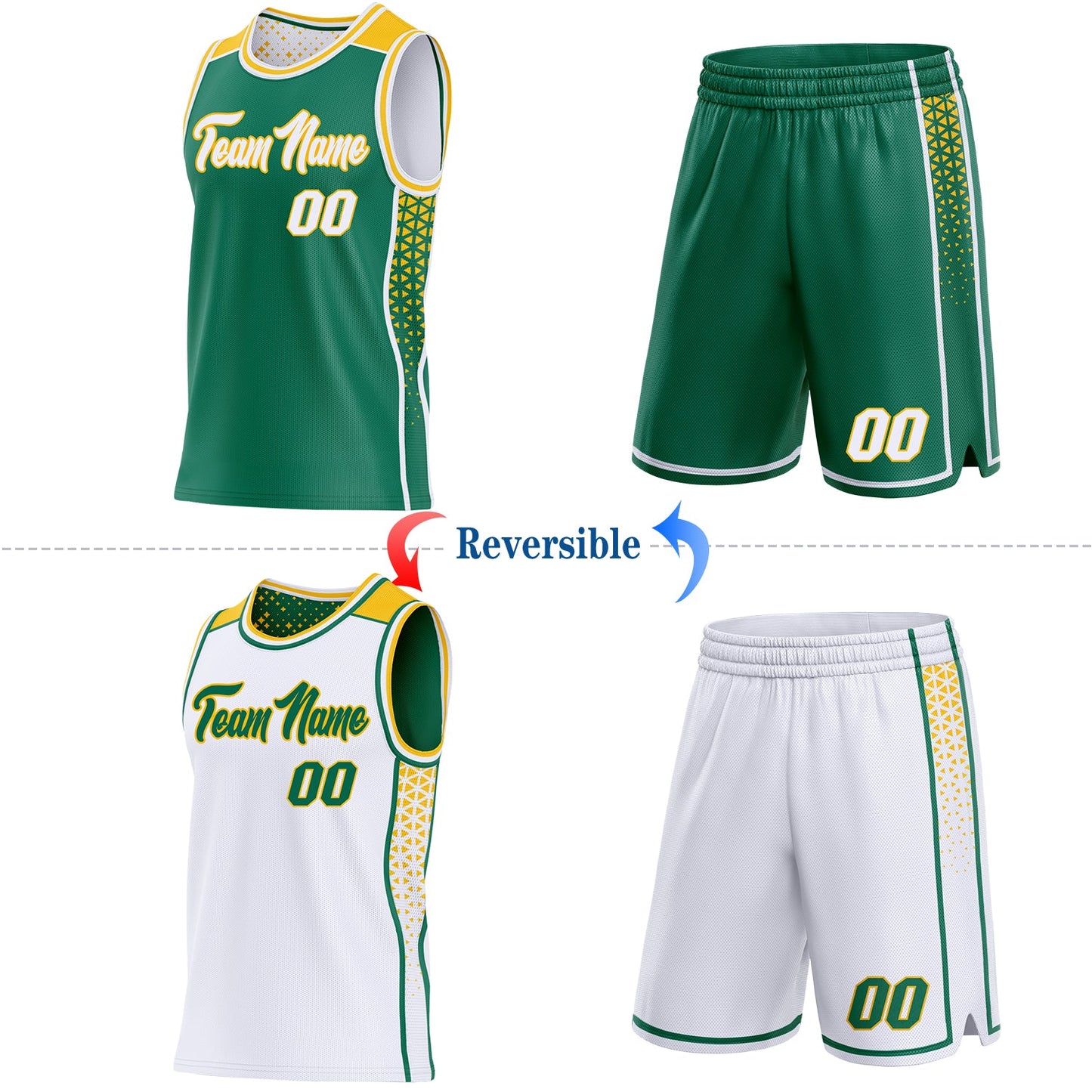 Custom Kelly Green White-Gold Side Panel Stripe Geometric Triangle Gradient Dot Reversible Double Side Sublimation Basketball Set Jersey
