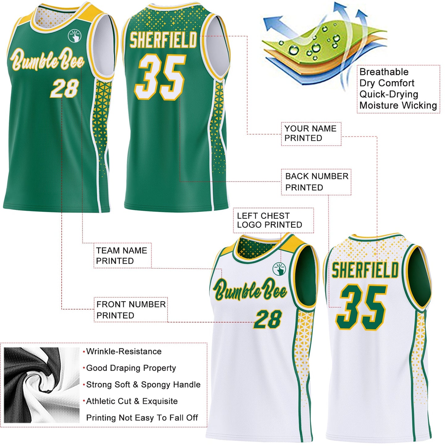Custom Kelly Green White-Gold Side Panel Stripe Geometric Triangle Gradient Dot Reversible Double Side Sublimation Basketball Set Jersey