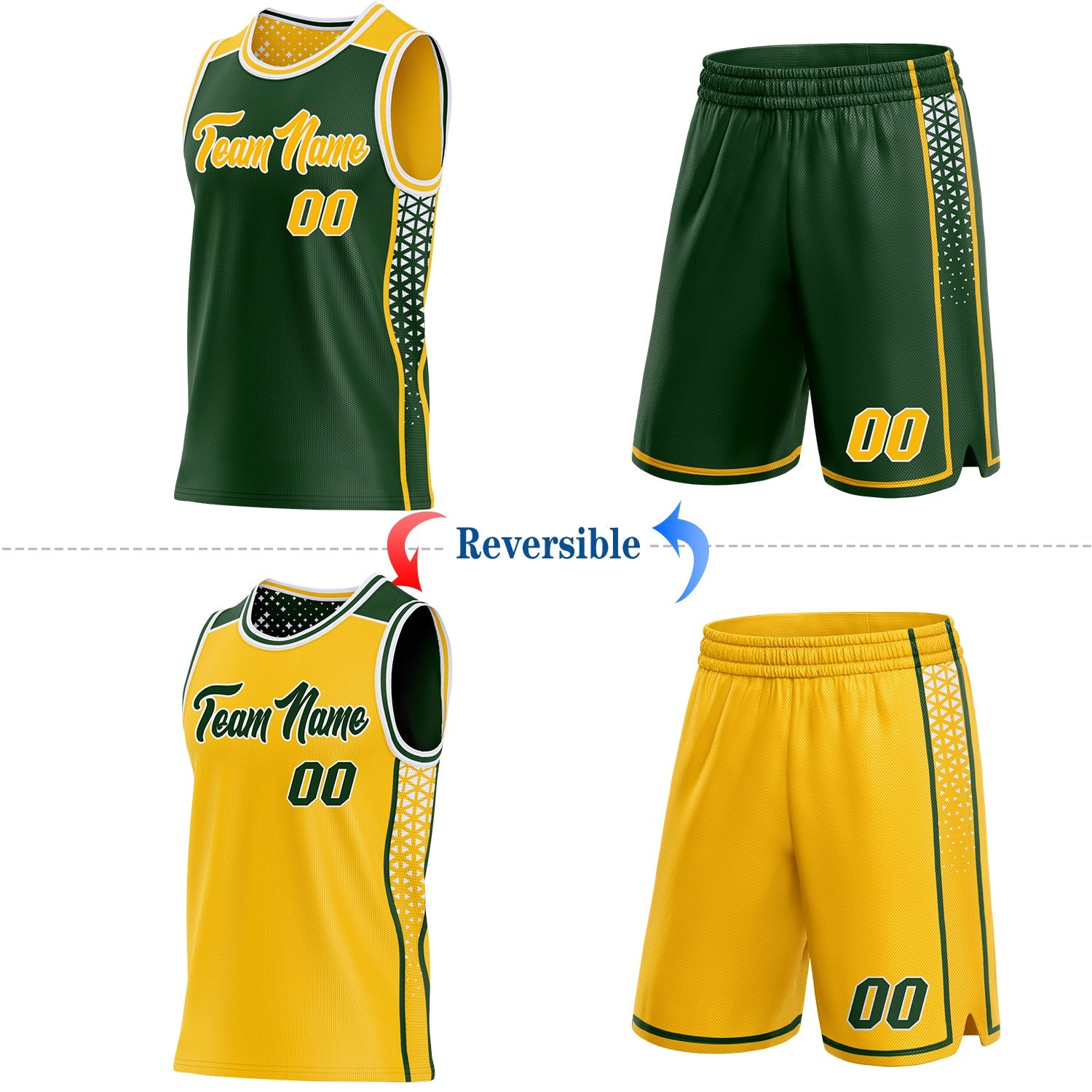 Custom Green Gold-White Side Panel Stripe Geometric Triangle Gradient Dot Reversible Double Side Sublimation Basketball Set Jersey