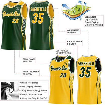 Custom Green Gold-White Side Panel Stripe Geometric Triangle Gradient Dot Reversible Double Side Sublimation Basketball Set Jersey