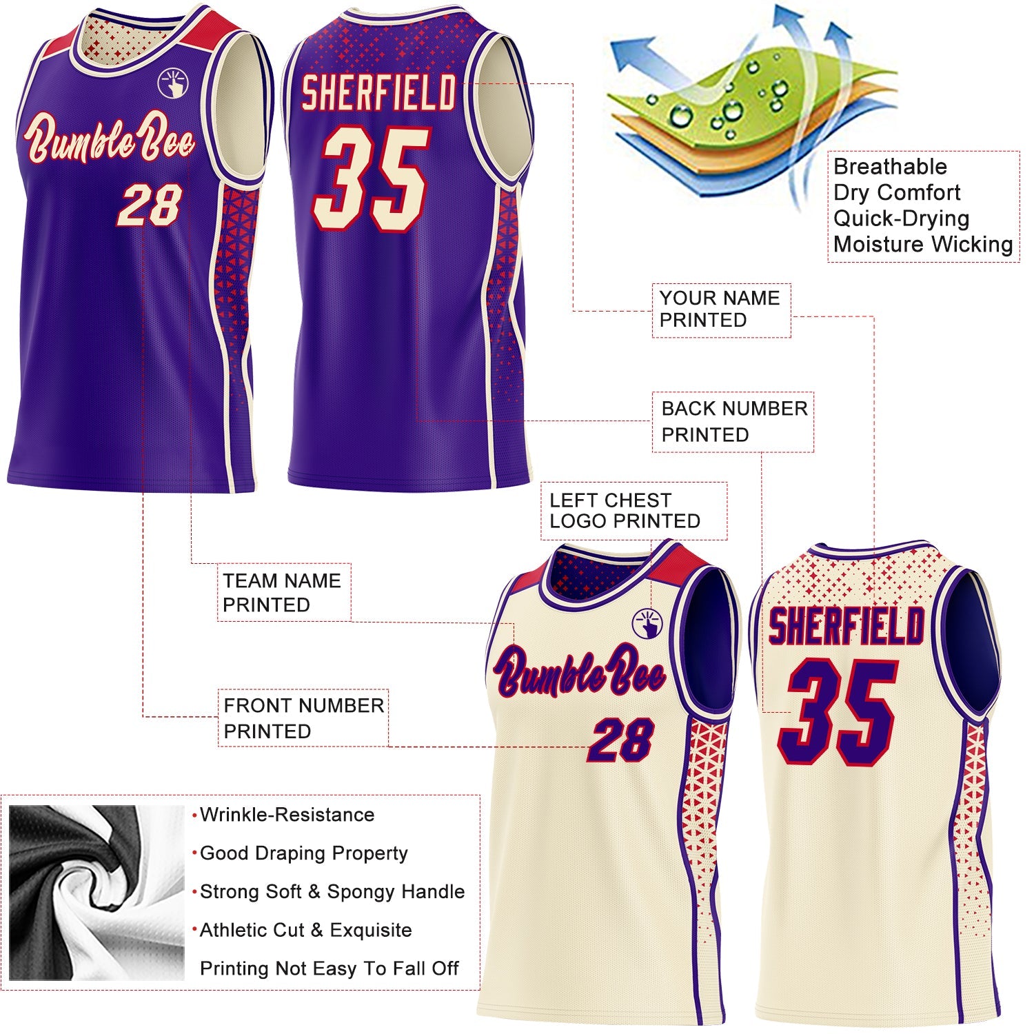 Custom Purple Cream-Red Side Panel Stripe Geometric Triangle Gradient Dot Reversible Double Side Sublimation Basketball Set Jersey
