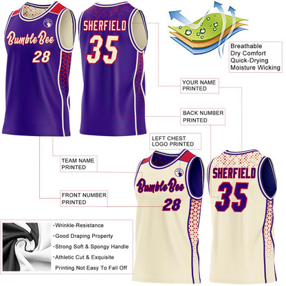 Custom Purple Cream-Red Side Panel Stripe Geometric Triangle Gradient Dot Reversible Double Side Sublimation Basketball Set Jersey