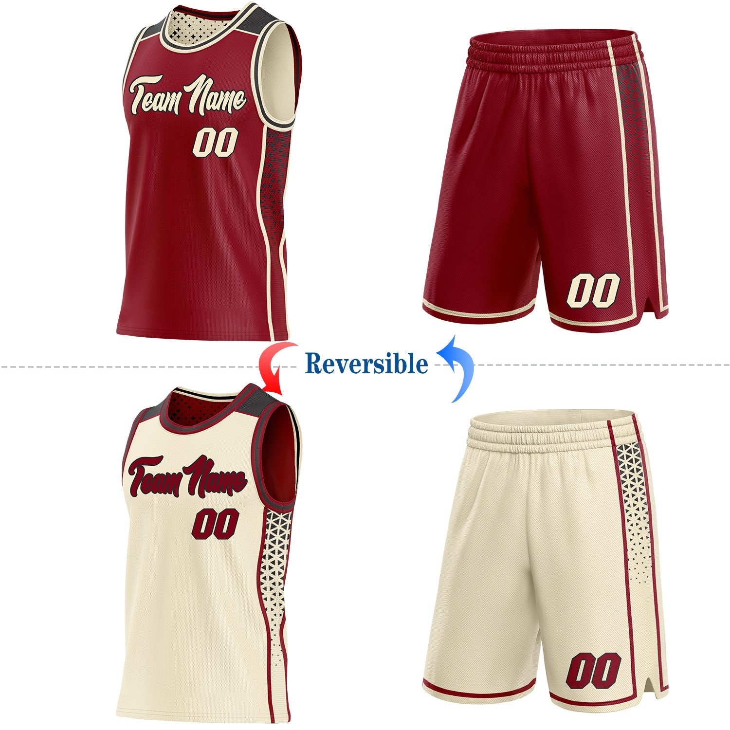 Custom Maroon Cream-Black Side Panel Stripe Geometric Triangle Gradient Dot Reversible Double Side Sublimation Basketball Set Jersey