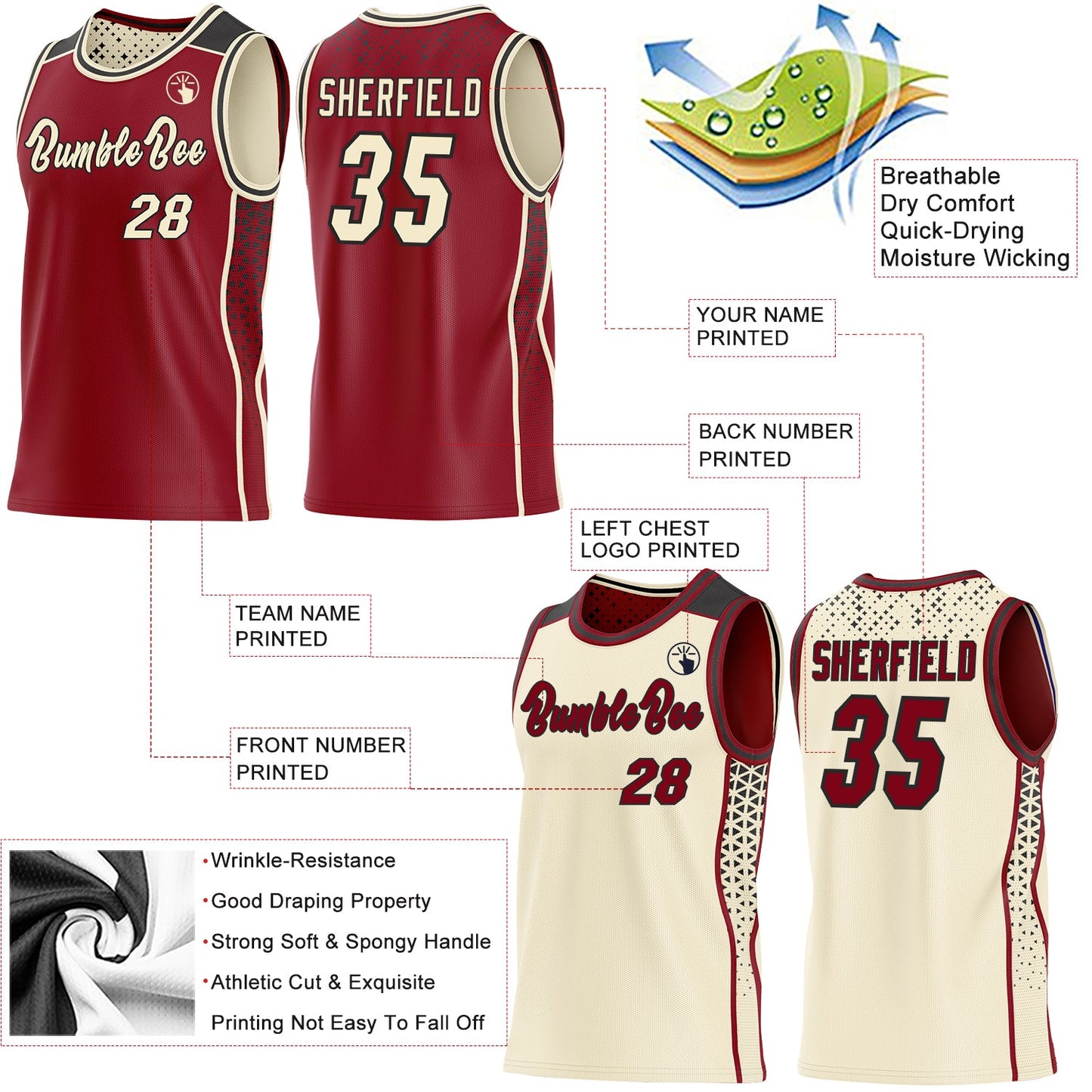 Custom Maroon Cream-Black Side Panel Stripe Geometric Triangle Gradient Dot Reversible Double Side Sublimation Basketball Set Jersey