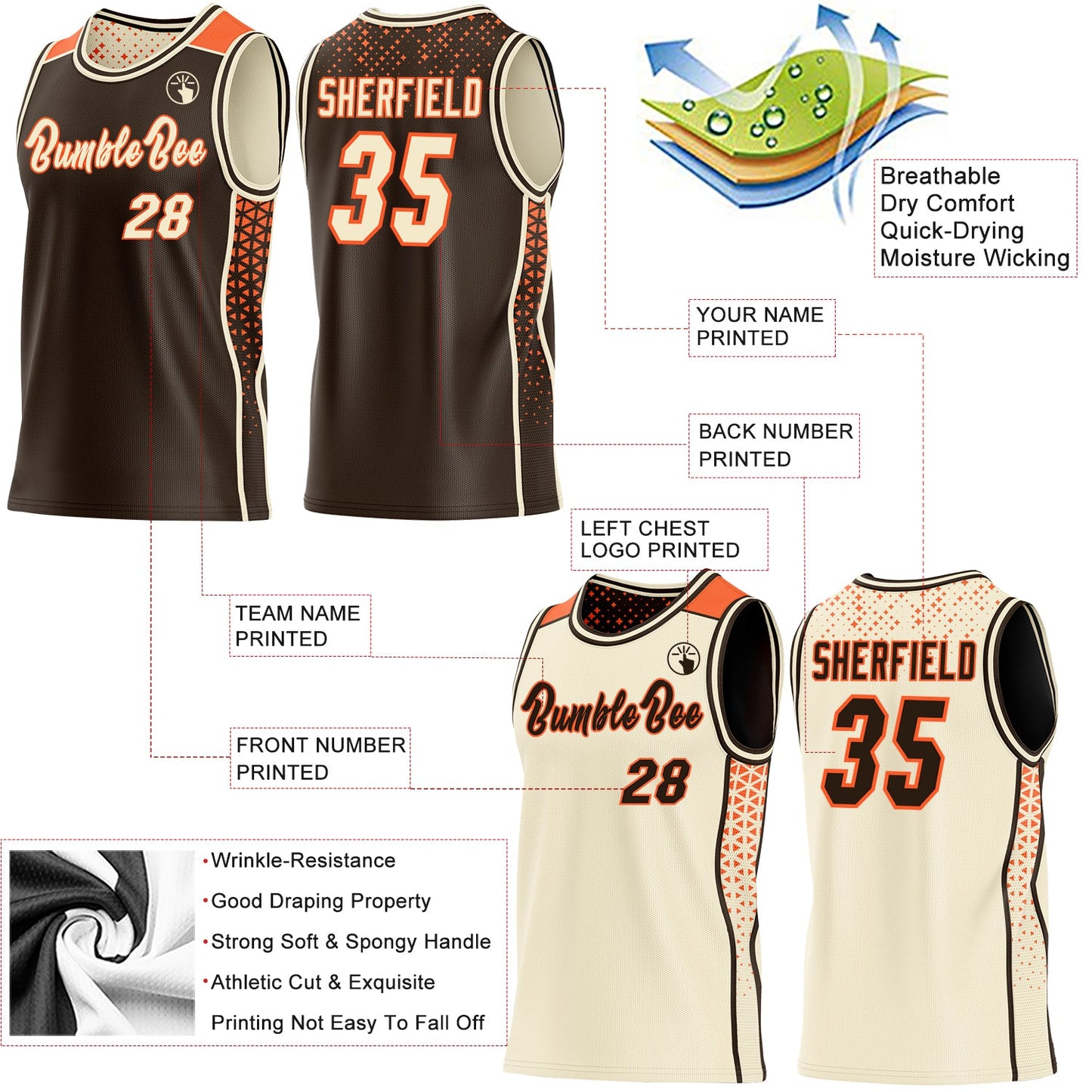 Custom Brown Cream-Orange Side Panel Stripe Geometric Triangle Gradient Dot Reversible Double Side Sublimation Basketball Set Jersey
