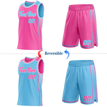 Custom Pink Sky Blue-White Side Panel Stripe Geometric Triangle Gradient Dot Reversible Double Side Sublimation Basketball Set Jersey