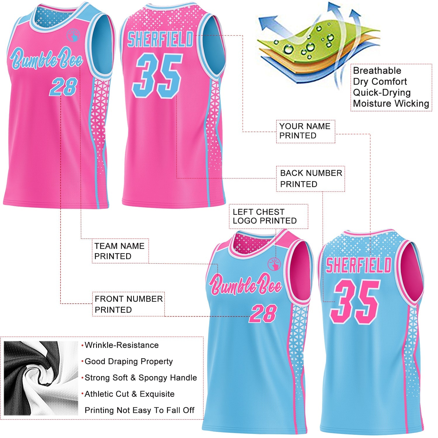 Custom Pink Sky Blue-White Side Panel Stripe Geometric Triangle Gradient Dot Reversible Double Side Sublimation Basketball Set Jersey