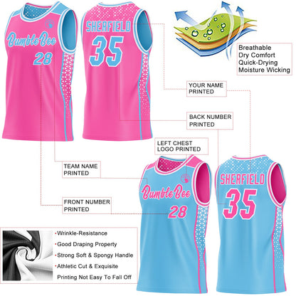Custom Pink Sky Blue-White Side Panel Stripe Geometric Triangle Gradient Dot Reversible Double Side Sublimation Basketball Set Jersey
