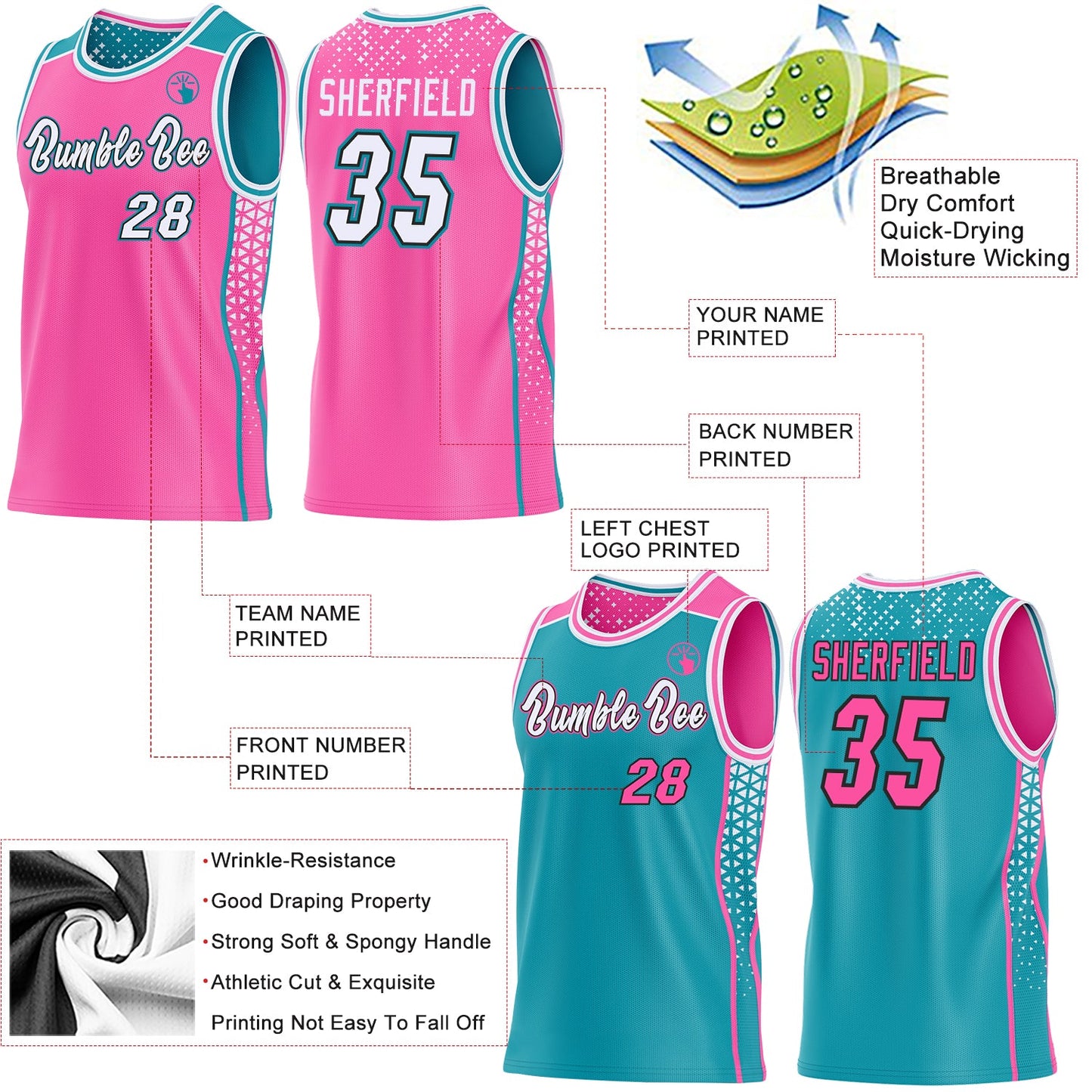 Custom Pink White Black-Teal Side Panel Stripe Geometric Triangle Gradient Dot Reversible Double Side Sublimation Basketball Set Jersey