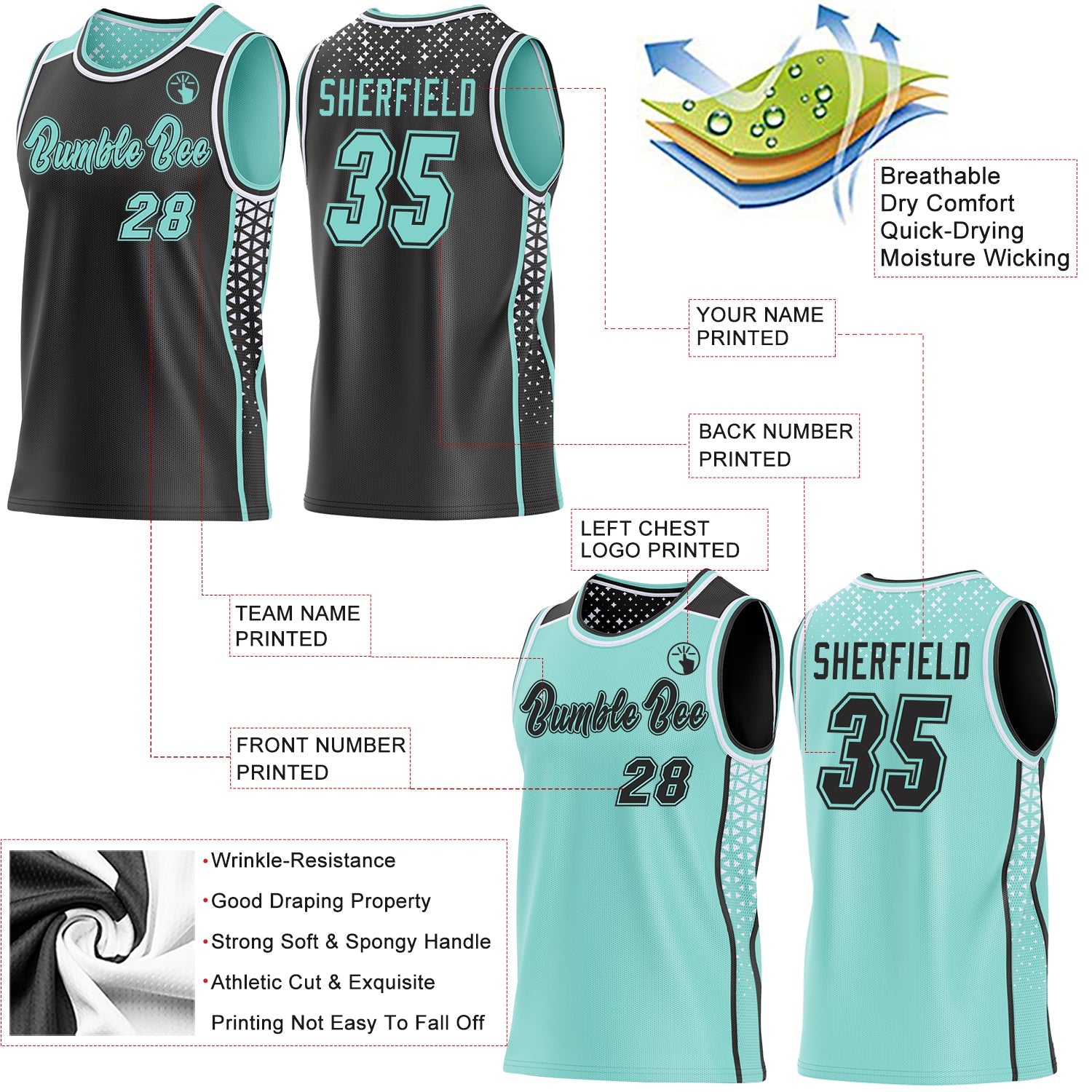 Custom Black Ice Blue-White Side Panel Stripe Geometric Triangle Gradient Dot Reversible Double Side Sublimation Basketball Set Jersey