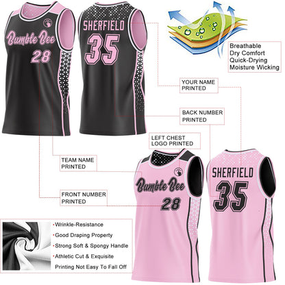 Custom Black Light Pink-White Side Panel Stripe Geometric Triangle Gradient Dot Reversible Double Side Sublimation Basketball Set Jersey