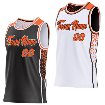 Custom Black Orange-White Side Panel Stripe Geometric Triangle Gradient Dot Reversible Double Side Sublimation Basketball Set Jersey