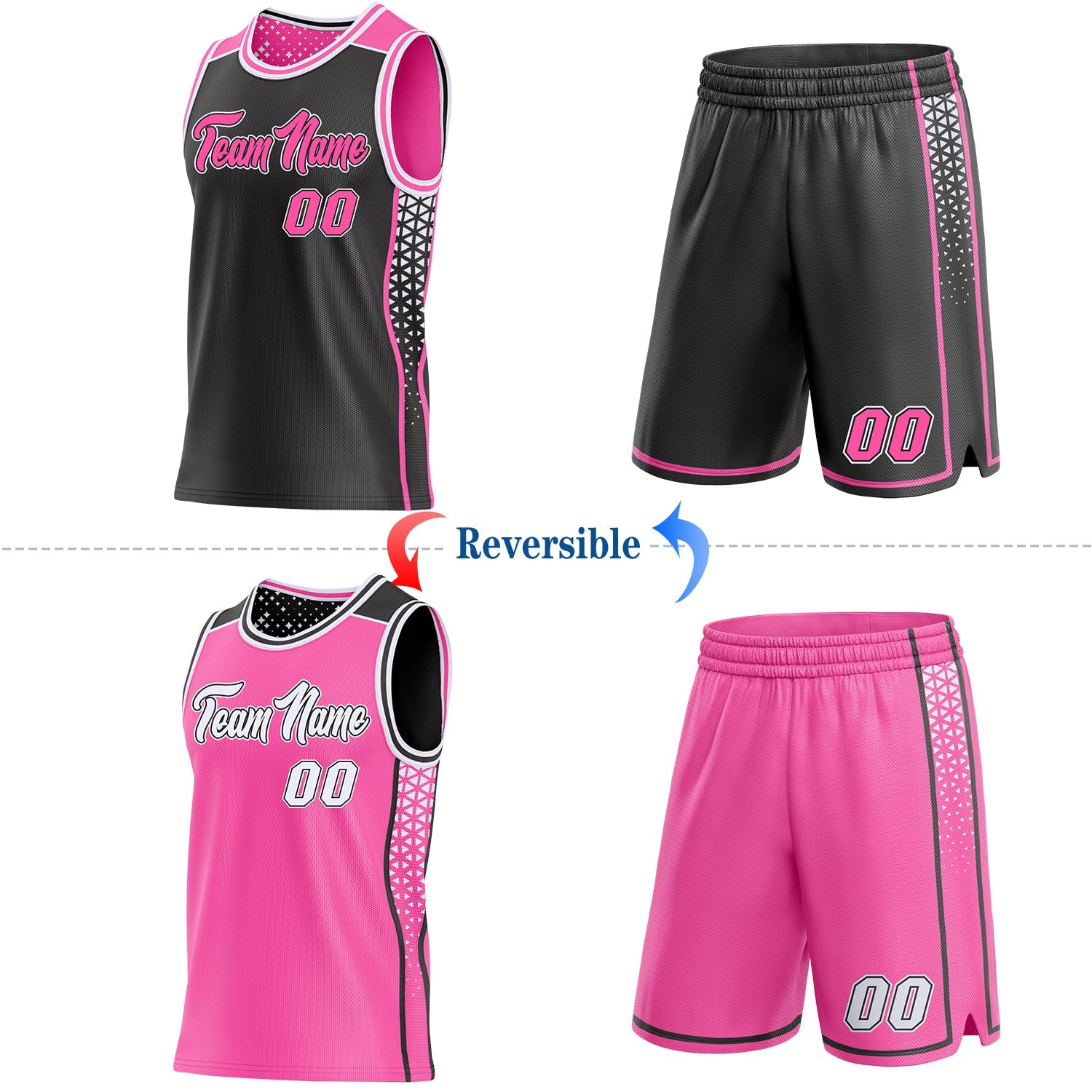 Custom Black Pink-White Side Panel Stripe Geometric Triangle Gradient Dot Reversible Double Side Sublimation Basketball Set Jersey