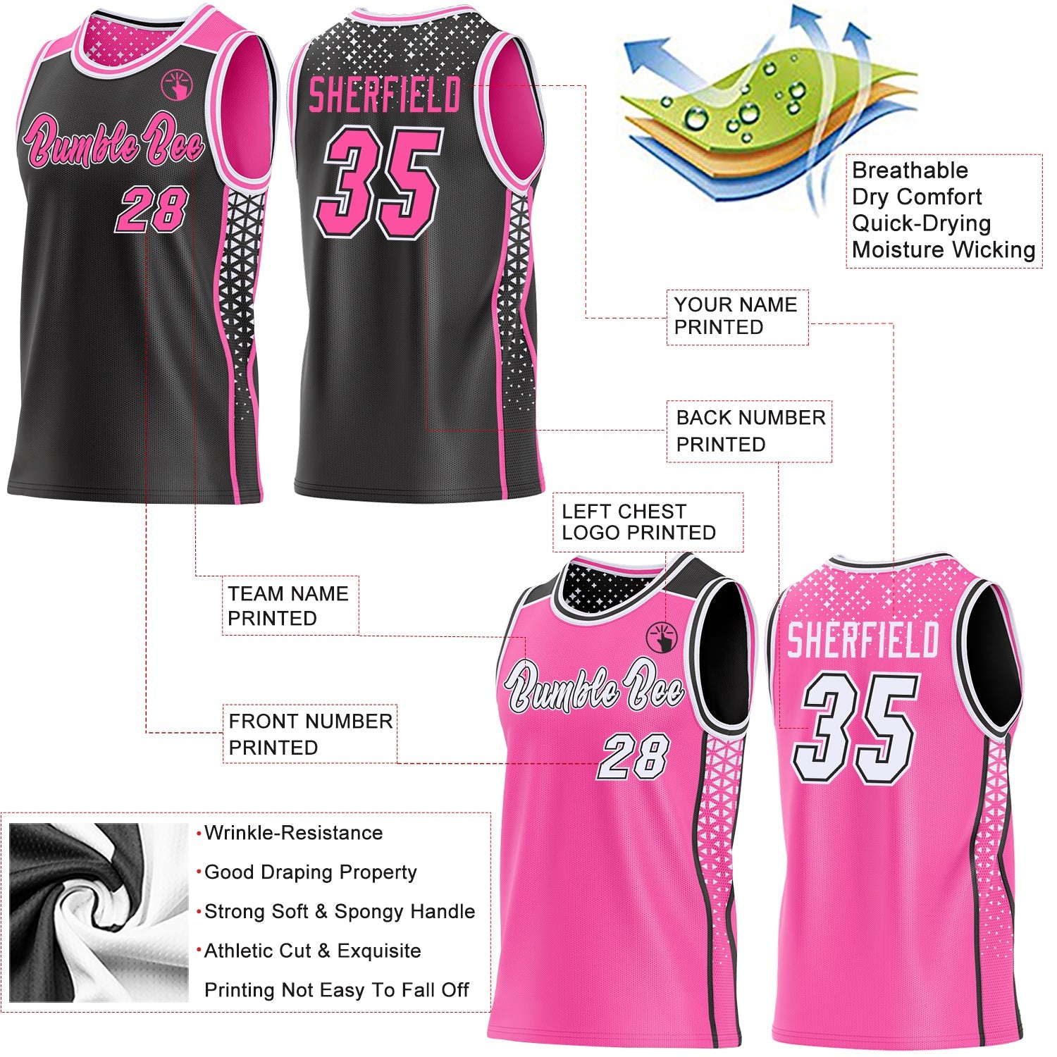 Custom Black Pink-White Side Panel Stripe Geometric Triangle Gradient Dot Reversible Double Side Sublimation Basketball Set Jersey