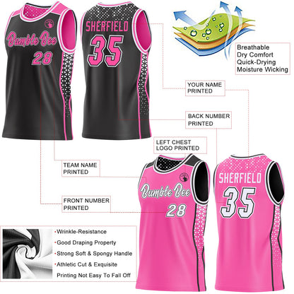 Custom Black Pink-White Side Panel Stripe Geometric Triangle Gradient Dot Reversible Double Side Sublimation Basketball Set Jersey