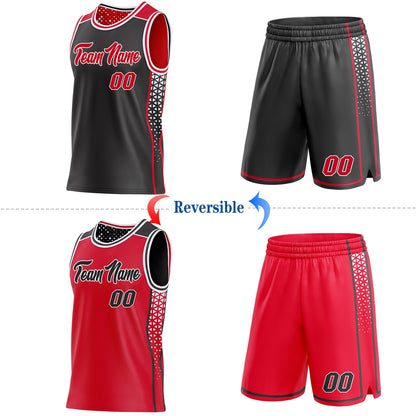 Custom Black Red-White Side Panel Stripe Geometric Triangle Gradient Dot Reversible Double Side Sublimation Basketball Set Jersey