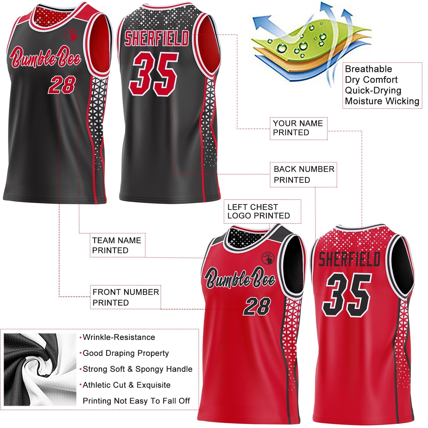 Custom Black Red-White Side Panel Stripe Geometric Triangle Gradient Dot Reversible Double Side Sublimation Basketball Set Jersey
