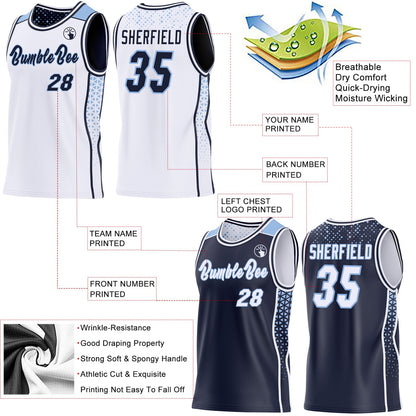 Custom White Navy-Light Blue Side Panel Stripe Geometric Triangle Gradient Dot Reversible Double Side Sublimation Basketball Set Jersey