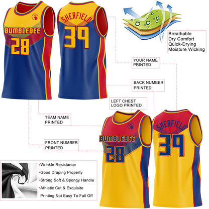 Custom Gold Royal-Red Side Panel Stripe Geometric V-Cut Color Block Reversible Double Side Sublimation Basketball Set Jersey