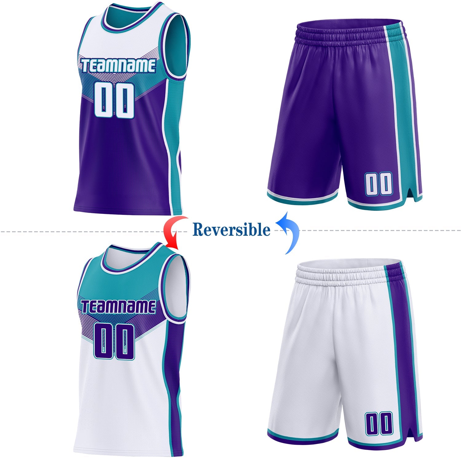 Custom White Purple-Teal Side Panel Stripe Geometric V-Cut Color Block Reversible Double Side Sublimation Basketball Set Jersey