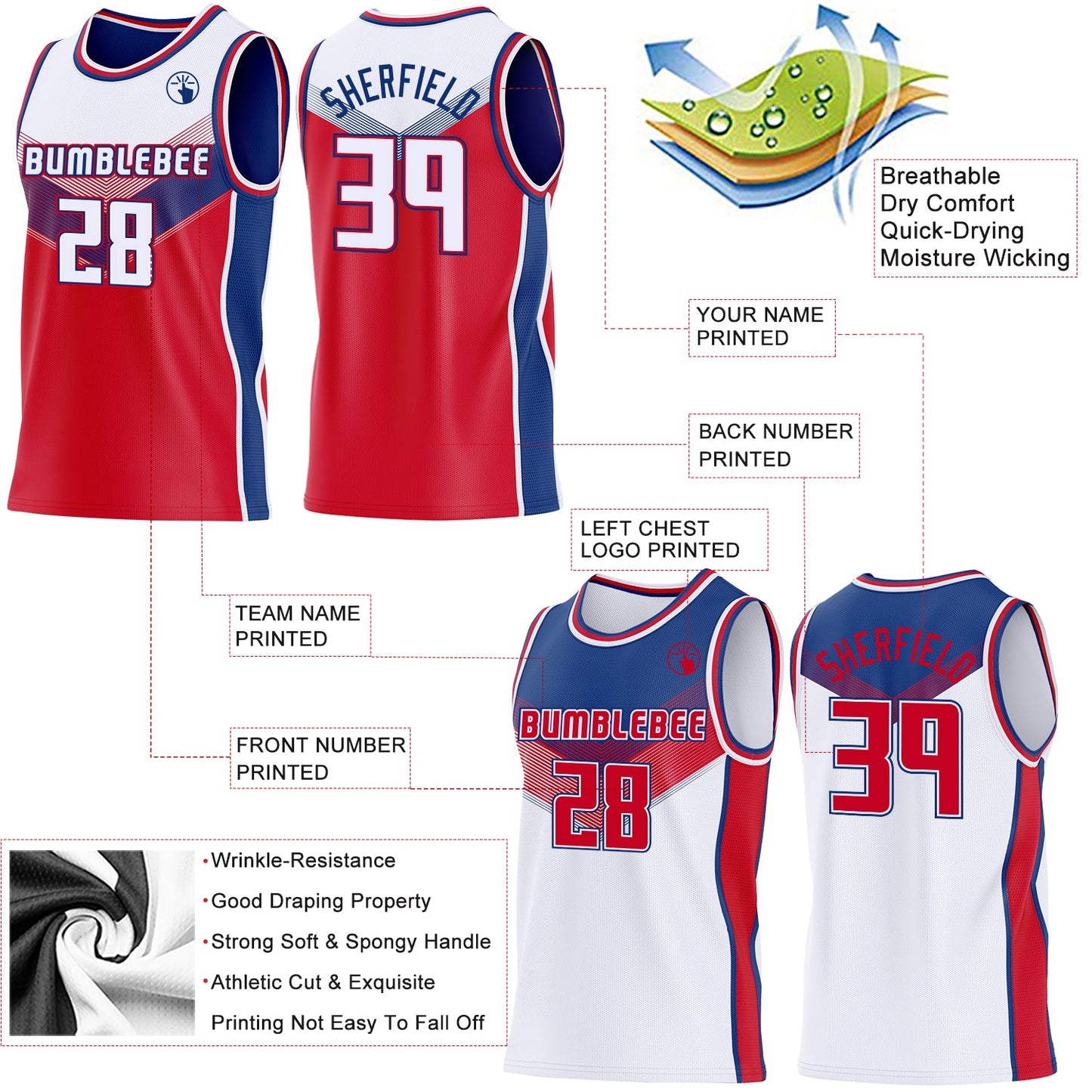 Custom White Red-Royal Side Panel Stripe Geometric V-Cut Color Block Reversible Double Side Sublimation Basketball Set Jersey