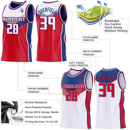 Custom White Red-Royal Side Panel Stripe Geometric V-Cut Color Block Reversible Double Side Sublimation Basketball Set Jersey